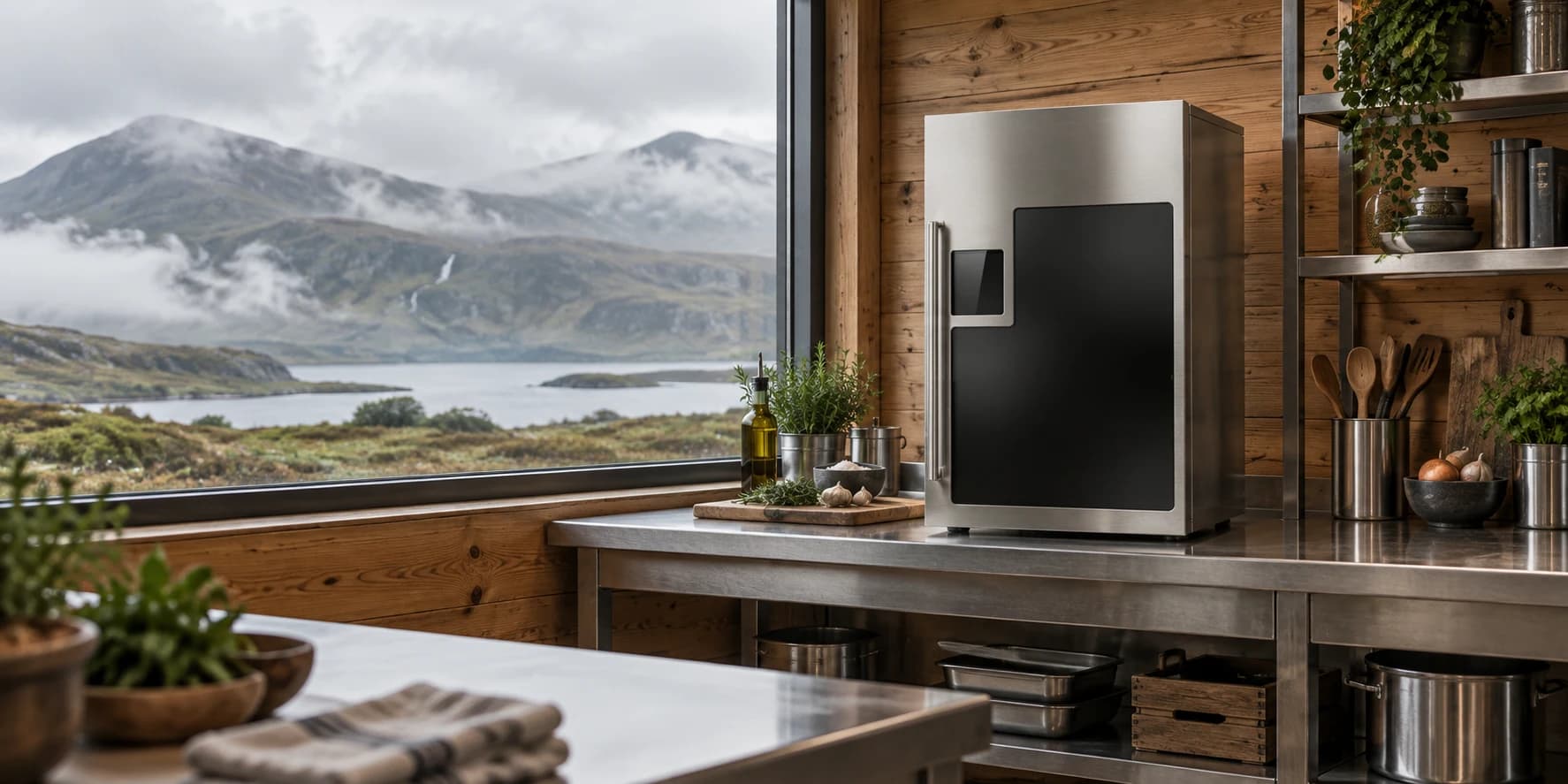 Illustrative concept of an autonomous cooking machine in a field kitchen overlooking Scottish hills