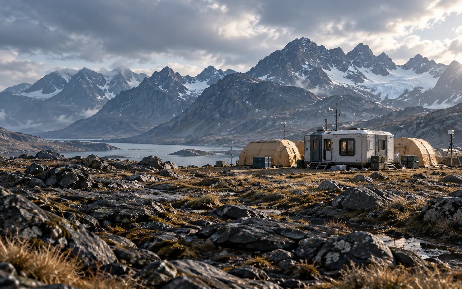 Concept of a remote research camp in a mountainous terrestrial environment