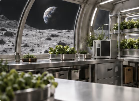 Lunar habitat concept with growing greens and our compact cooking machine on the worktop