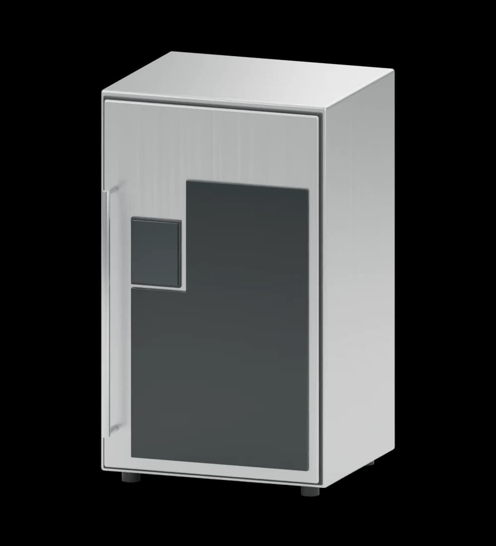 Visual recreation of the GI autonomous cooking machine, with stainless-steel cabinet, black front and touchscreen