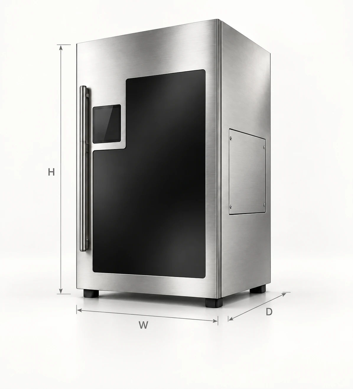 Stainless-steel cooking machine concept with height, width and depth guides; dimensions are not yet confirmed